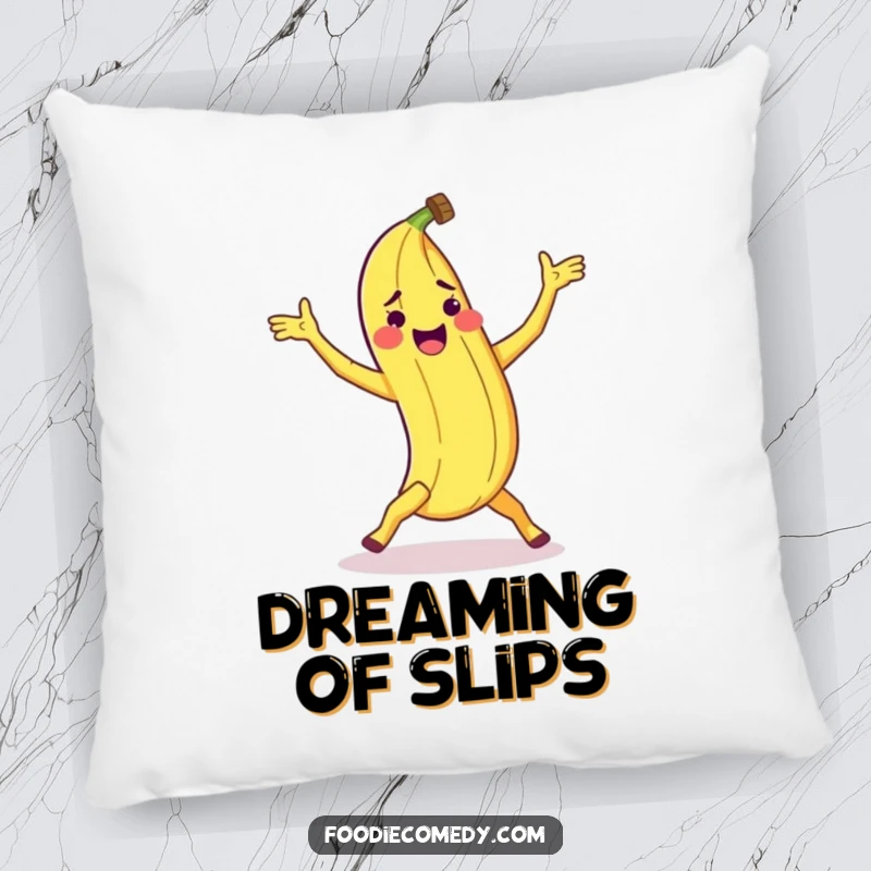 Funny banana peel pillow with a peel doing a clumsy breakdance move, providing comfort and a humorous touch.