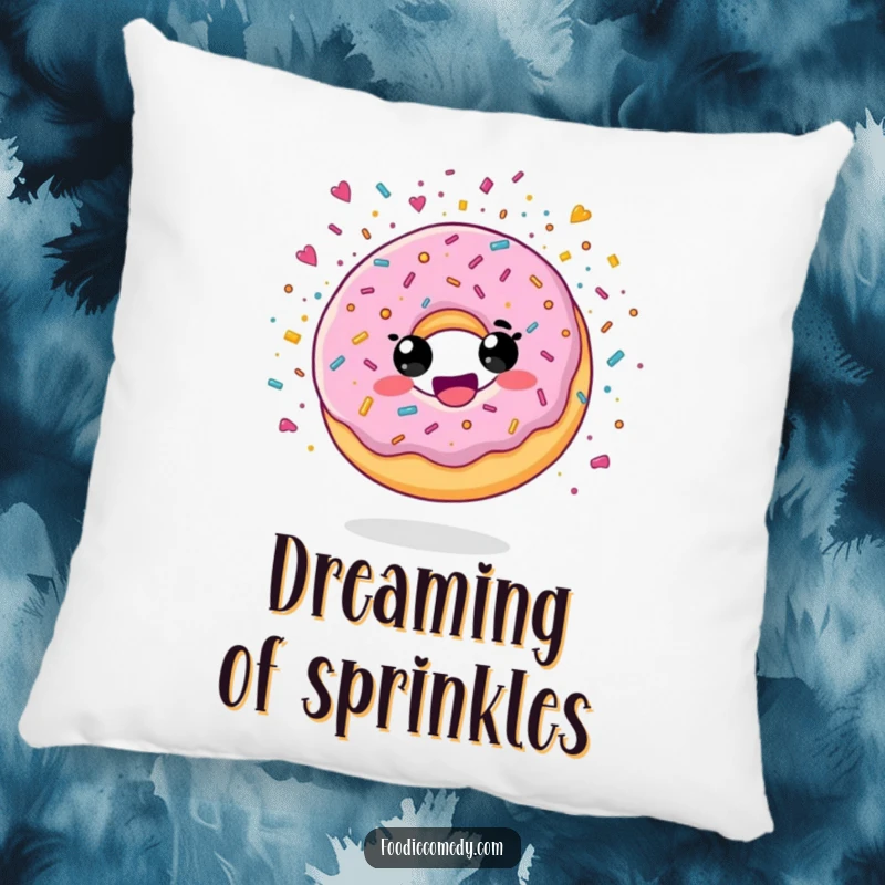 Funny pillow featuring a delighted donut character exploding with sugary confetti, perfect for adding comfort and cheer.