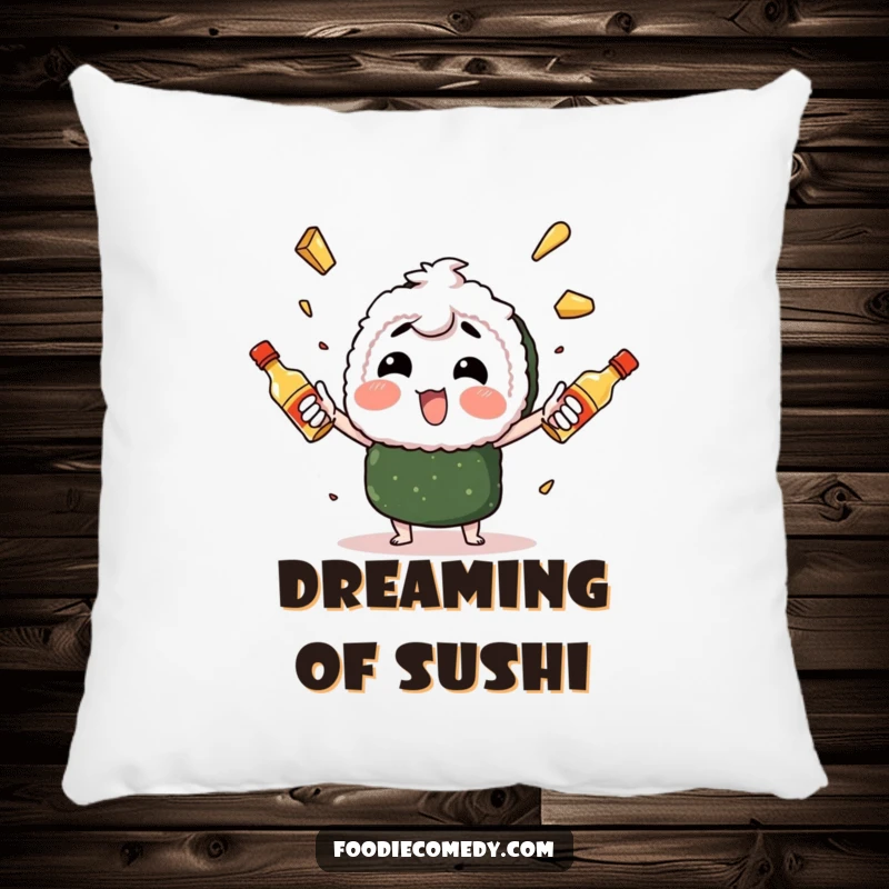 Funny sushi character enthusiastically juggling spicy mayo bottles, a soft pillow featuring a culinary performer for humorous comfort.