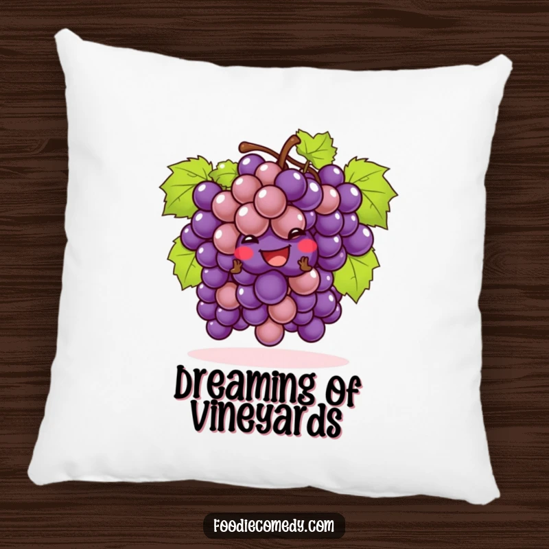Funny bunch of grapes pillow performing a playful cha-cha, bringing fruity charm and comedic comfort.