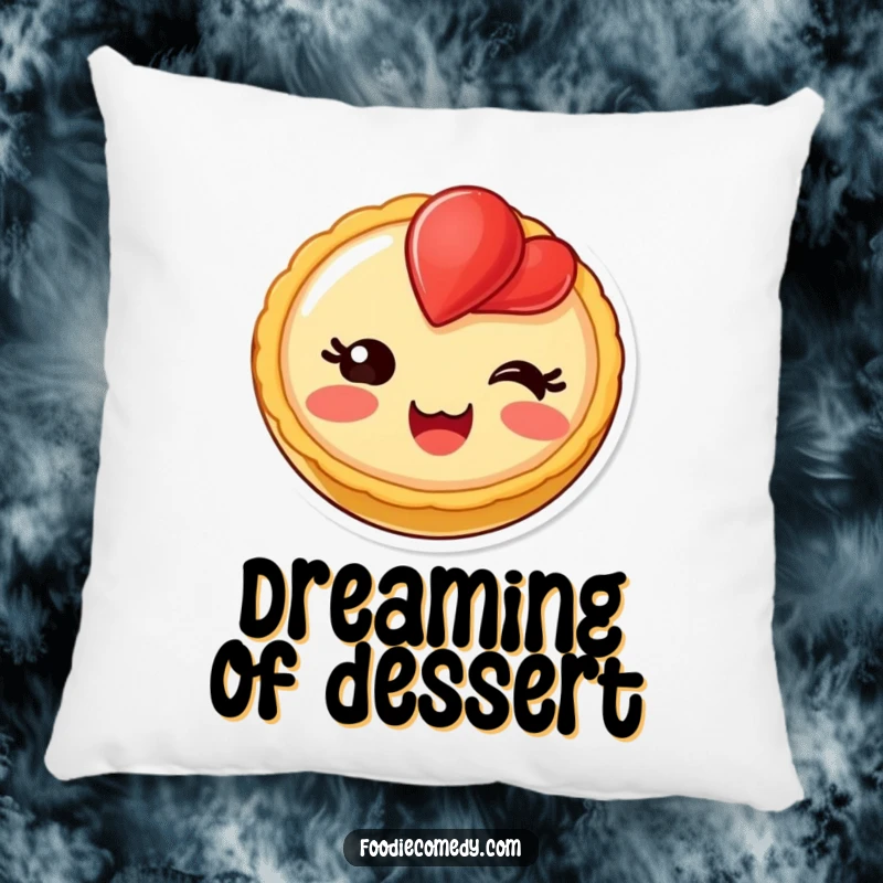 Funny blushing fruit tart pillow, a delighted dessert character for cozy comfort and sweet charm.