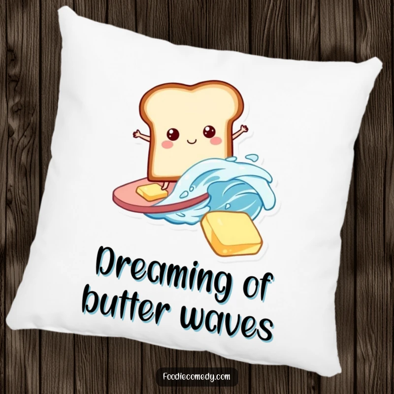 Funny Bread Pillow: A playful bread slice surfing on a butter wave, offering soft comfort and humorous breakfast charm.