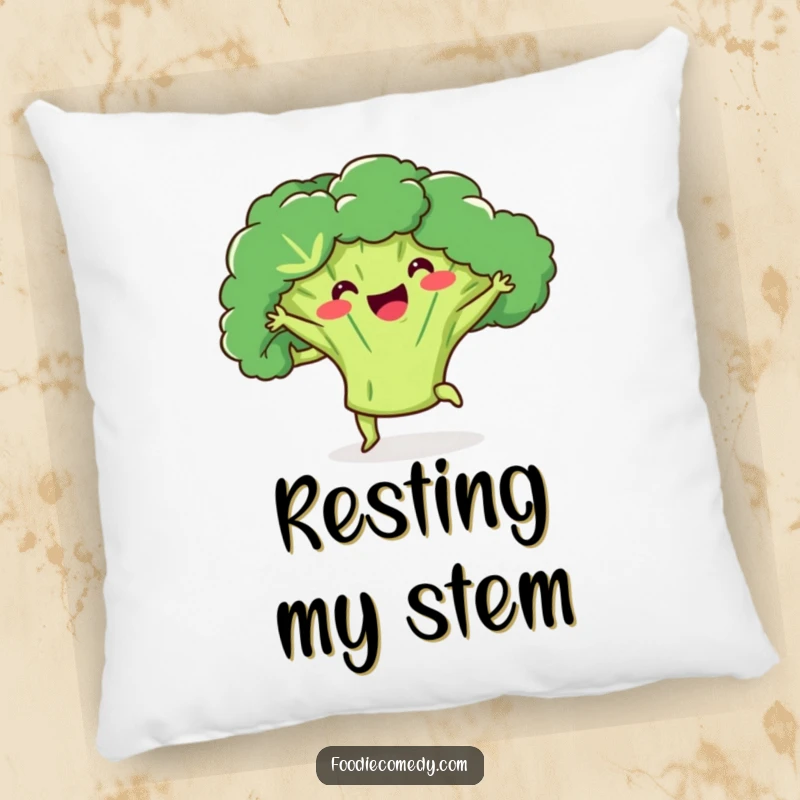 Funny broccoli pillow with a happy broccoli doing a kick-ball-change, providing comfort and a humorous touch.