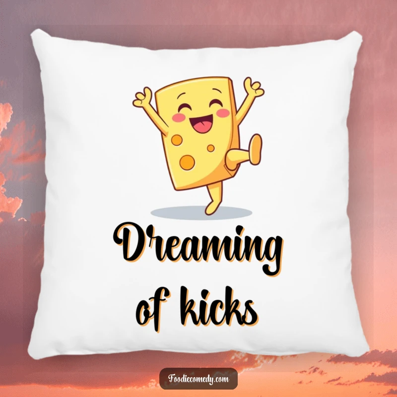 Funny smiling cheese wedge doing a high kick, printed on a soft and comfy pillow, adding cheer.