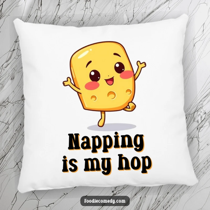 Funny pillow design of a smiling cheese slice character doing an enthusiastic bouncy hop. Soft, comfortable, and cheerful decor.