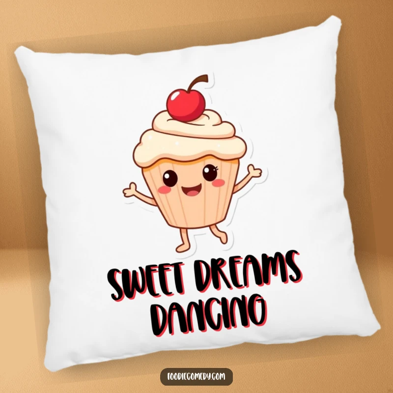 Funny pillow featuring a smiling cupcake character with a cherry, dynamically dancing, offering cozy sweetness and humor.