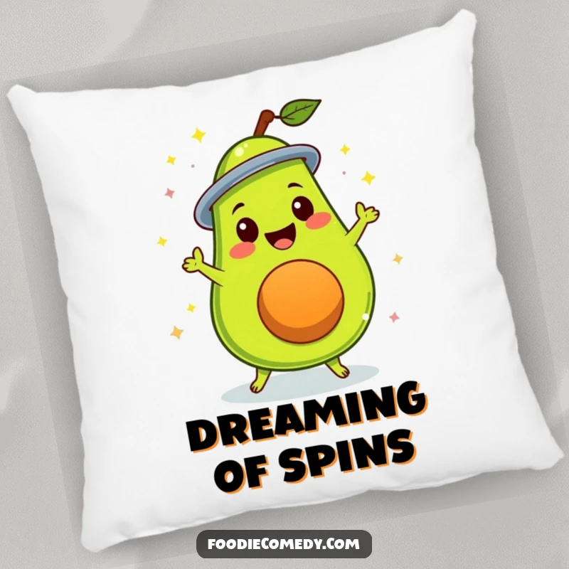 Funny delighted avocado doing a disco spin, printed on a soft and comfy pillow, adding groovy vibes.