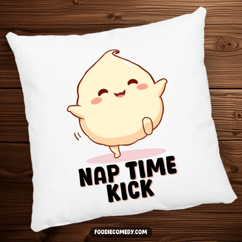 Funny dumpling pillow, a soft cushion featuring a cute cartoon dumpling with legs doing a happy kick.
