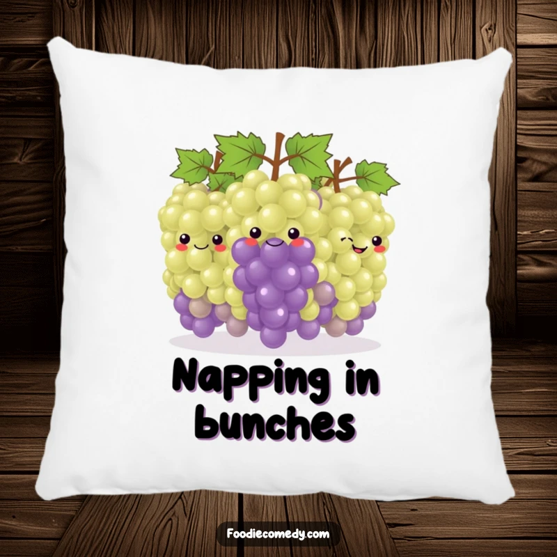Funny Grape Conga Pillow: A soft pillow featuring a happy bunch of grapes in a conga line, bringing comfort and festive cheer.