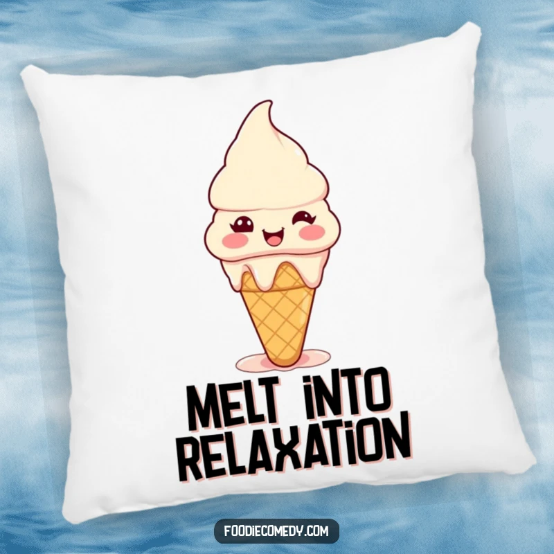 Funny ice cream cone pillow with a tiny happy cone melting slightly with pure joy, providing soft comfort and sweet humor.