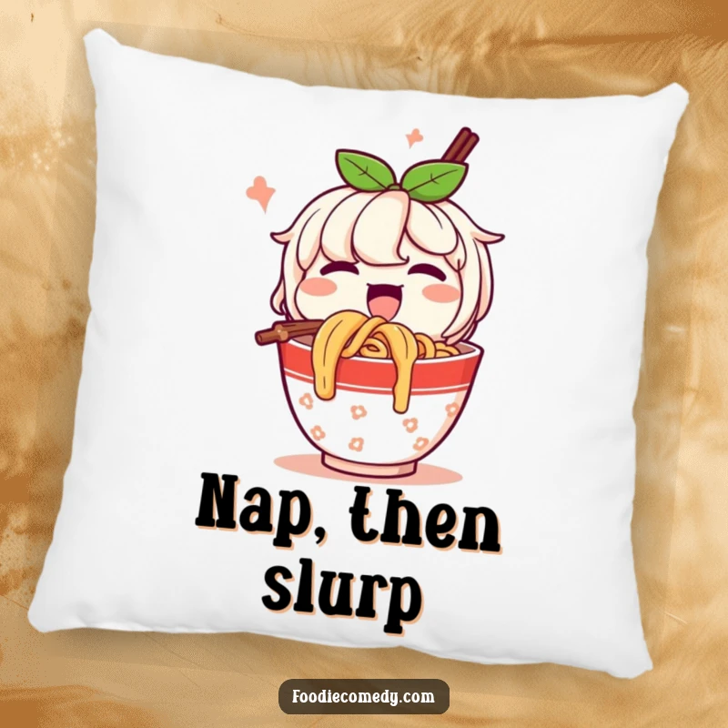 Funny Pillow: A happy cup of noodles character slurps noodles with gusto, offering soft comfort and a delightful food-themed charm.