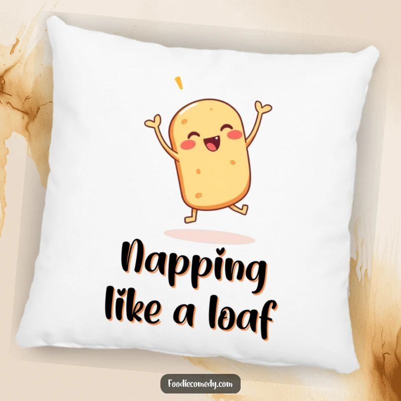 Funny pillow featuring a happy bread roll doing a celebratory jig, offering both comfort and a cheerful presence.