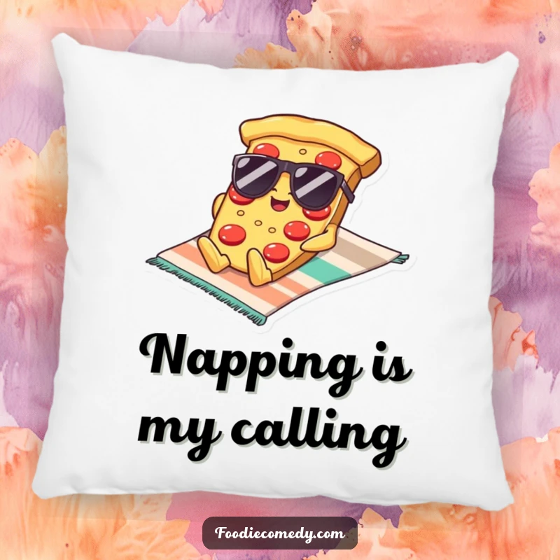 Funny Kawaii Pizza Sunglasses Pillow: A plush pillow featuring a cool pizza slice in sunglasses relaxing on a beach towel, offering humorous comfort.