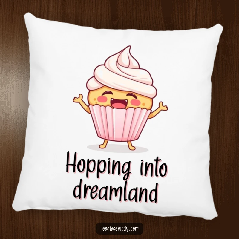 Funny laughing cupcake pillow showing a happy cupcake with frosting, joyfully hopping to a beat, ideal for cozying up.