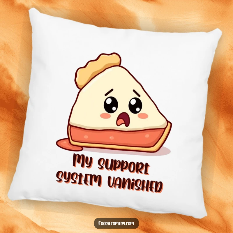 Funny pillow featuring a pie slice with a shocked, crustless expression, perfect for cozy humor.