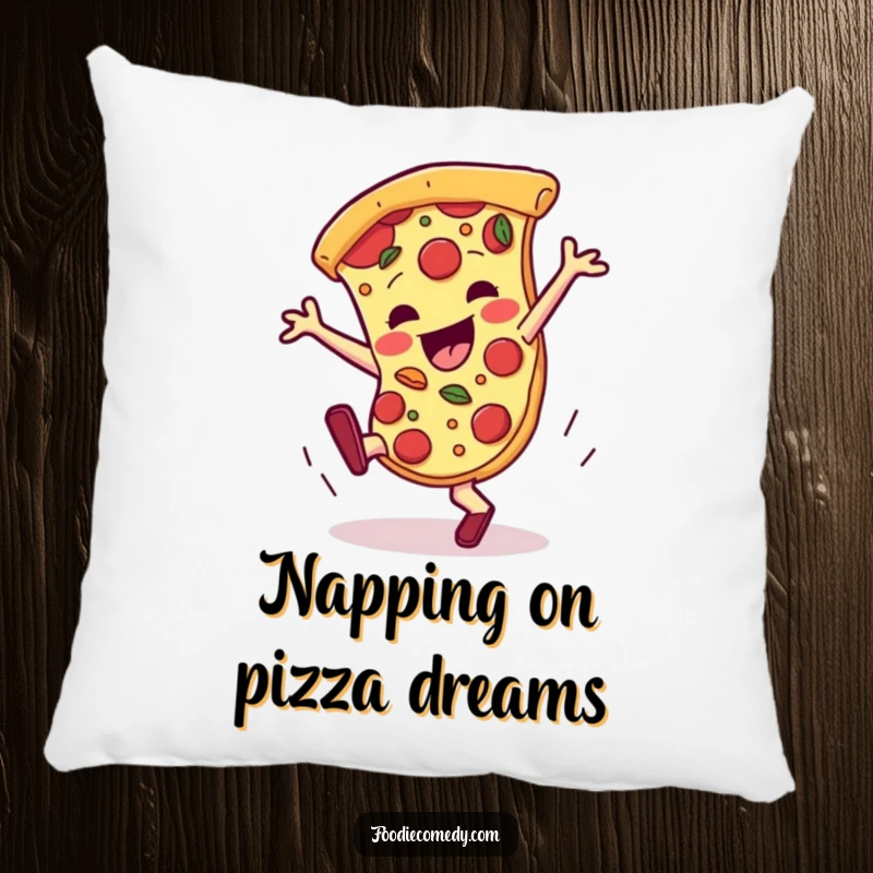 Funny pizza pillow, a slice breakdancing with toppings, perfect for adding comfort and humor.