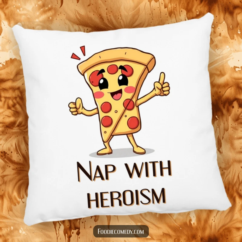 Funny pizza slice pillow showing a proud character in a heroic pose, ideal for cozy comfort and pizza lovers.