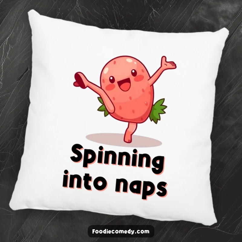 Funny pillow with a plush strawberry character performing a cartwheel, perfect for adding a touch of playful humor to sofas or beds. A truly amusing gift idea.