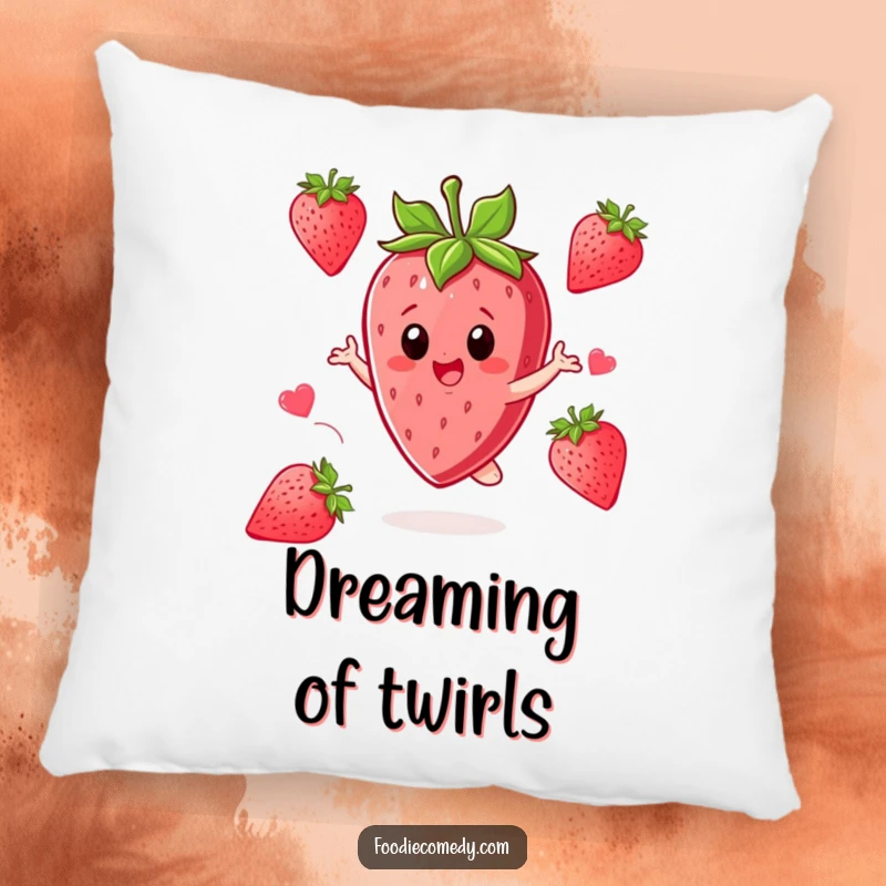 Funny Strawberry Pillow: A strawberry character twirls with excitement, adding sweet charm to any room.