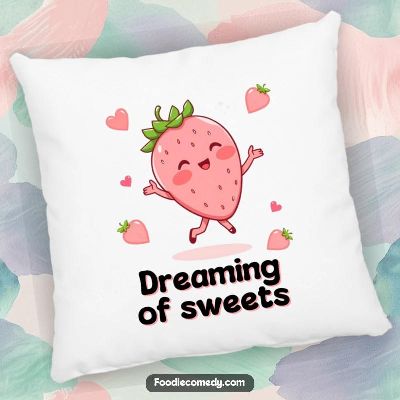 Funny pillow with a blushing strawberry doing a whimsical waltz, offering comforting and sweetly humorous appeal.