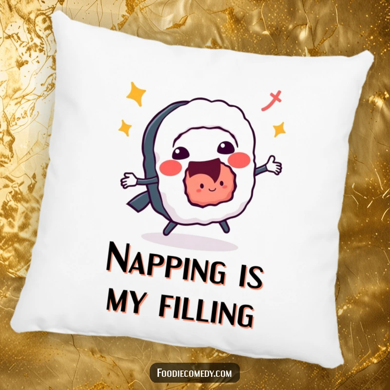 Funny sushi roll pillow doing a vibrant jitterbug, bringing foodie charm and comedic comfort.