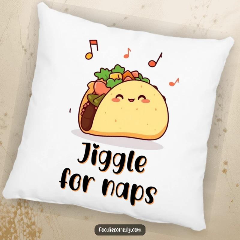 Funny taco pillow with a taco shell jiggling rhythmically, providing comfort and a humorous decorative touch.
