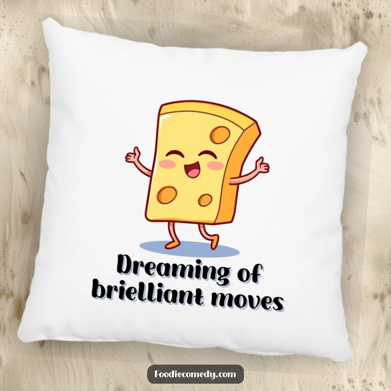 Funny pillow depicting a winking cheese slice masterfully dancing the tango, offering comfort and a humorous visual.