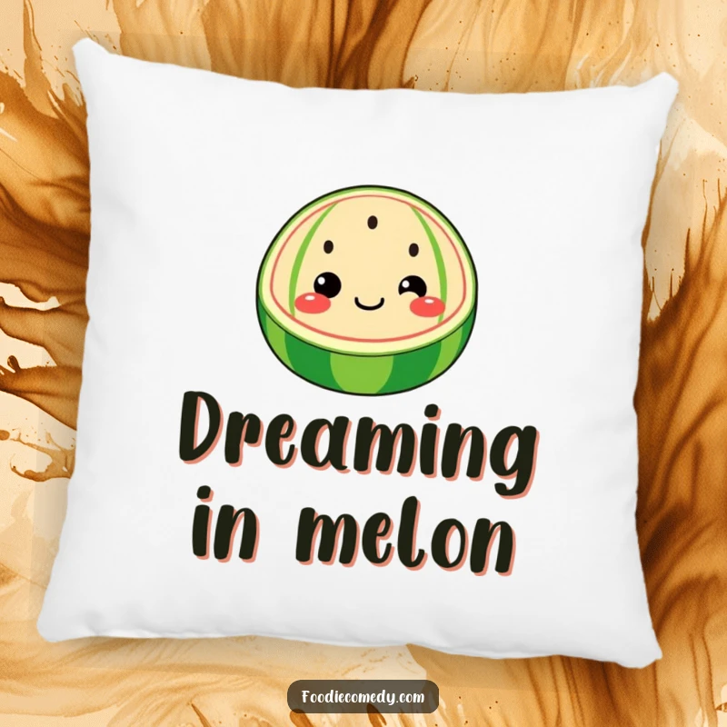 Funny watermelon pillow featuring a whimsical watermelon slice with a face wiggling its seeds, perfect for cozy fun.