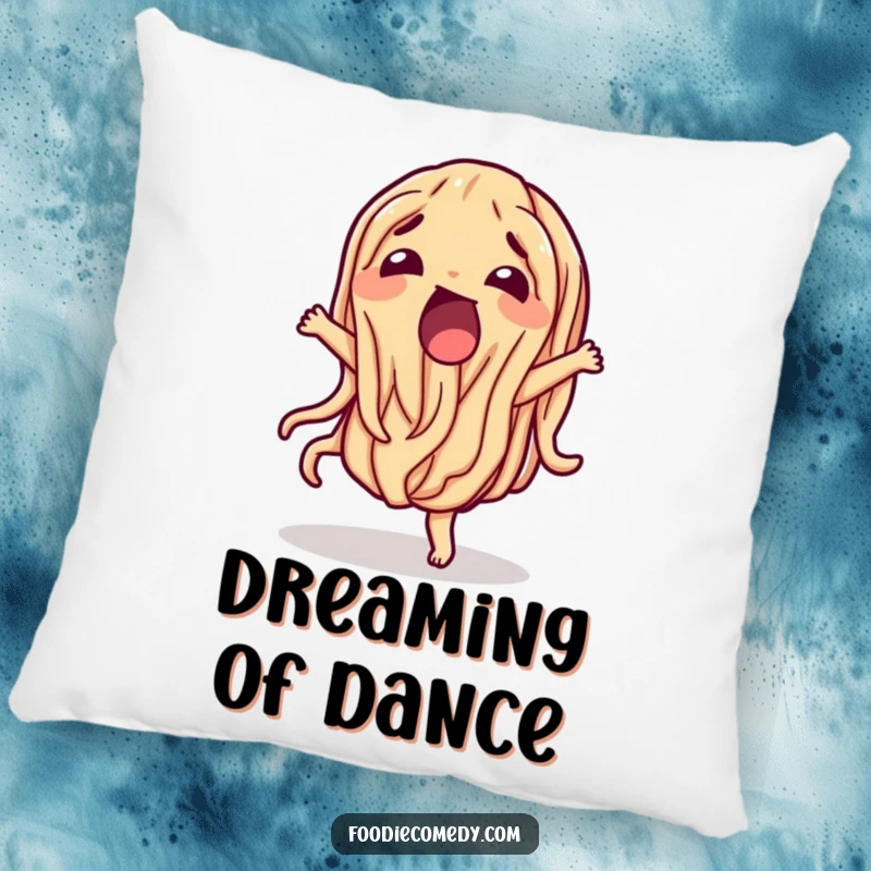 Funny wiggling noodle pillow, a dancing pasta character offering cozy comfort and playful charm.