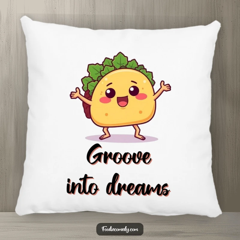 Funny taco pillow featuring a dancing taco with limbs, perfect for adding cozy and humorous food-themed decor.