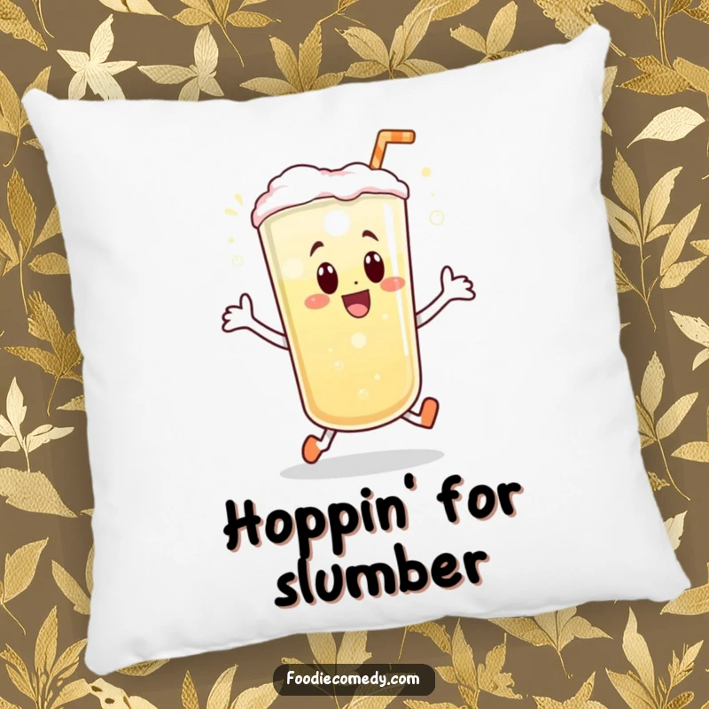 Funny pillow featuring a bubbly drink doing a joyful little hop, providing a soft and effervescent touch of humor and comfort.
