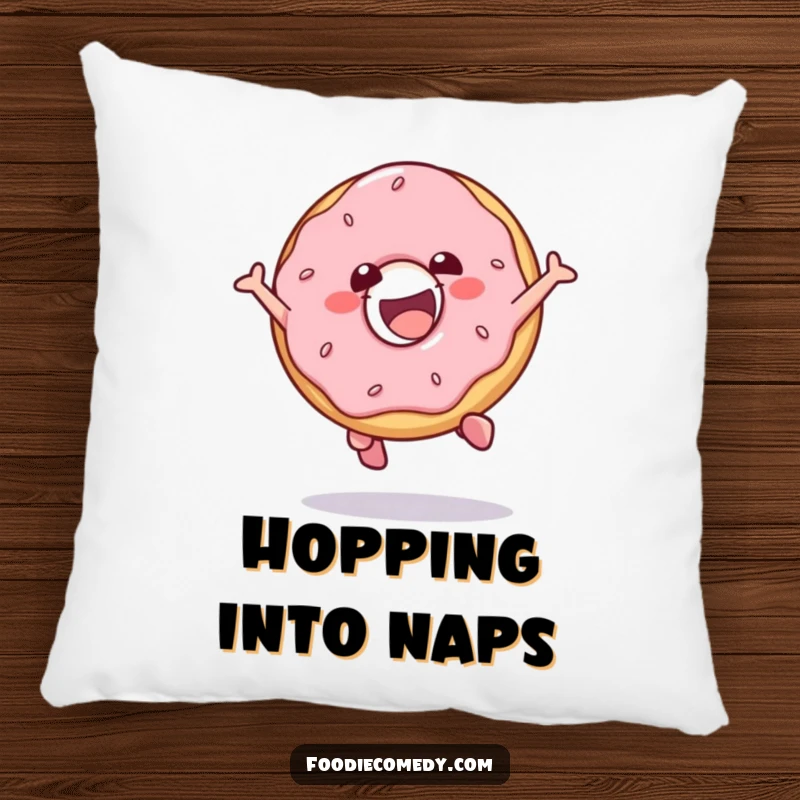 Funny pillow designed with a gleeful donut character in a fun jump, offering comfort and cheerful vibes.