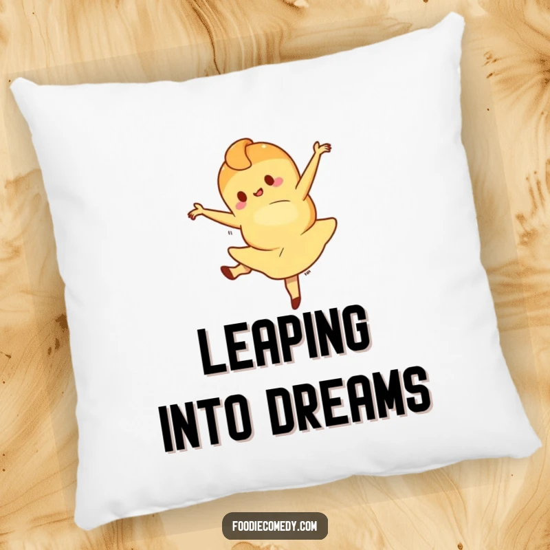 Funny pillow featuring a plush croissant character in a ballet leap, adding soft comfort and a dose of sophisticated fun. A truly amusing gift.
