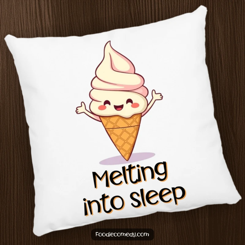 Funny pillow designed with a happy ice cream cone character doing a cheerful boogie dance, providing comfort and joy.