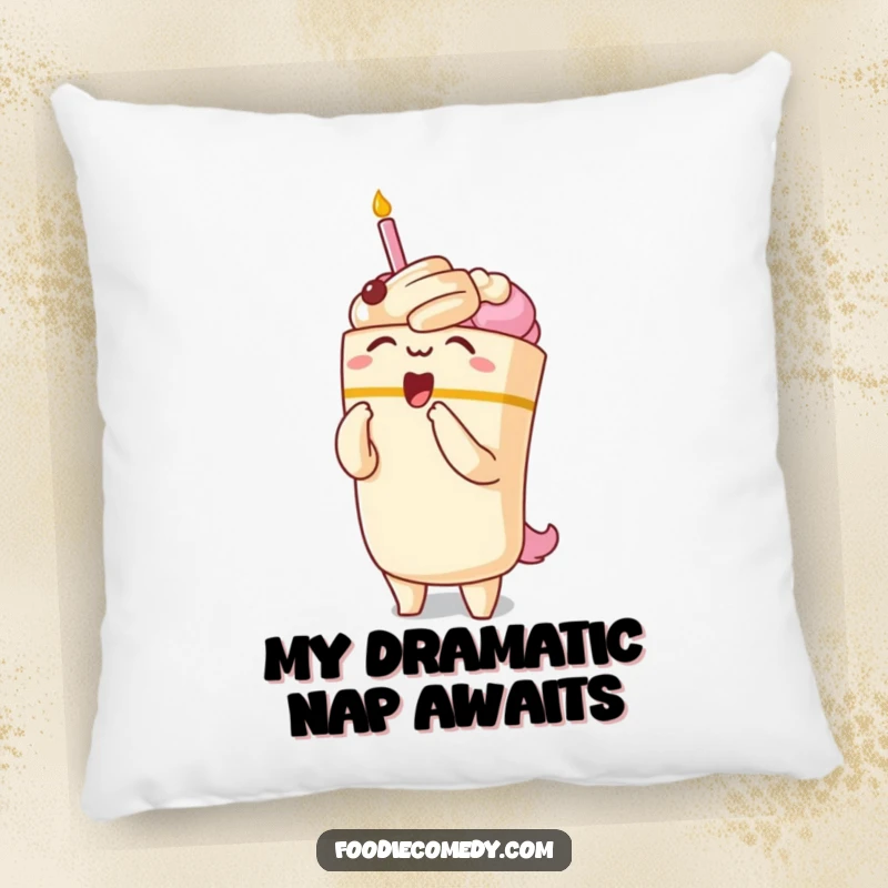 Funny pillow featuring a kawaii cake character in a dramatic opera bow pose, offering comfort and theatrical charm.