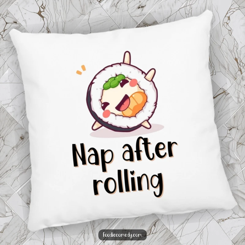 Funny Sushi Somersault Pillow featuring a roll doing a playful somersault, offering comfort and a touch of foodie cheer.