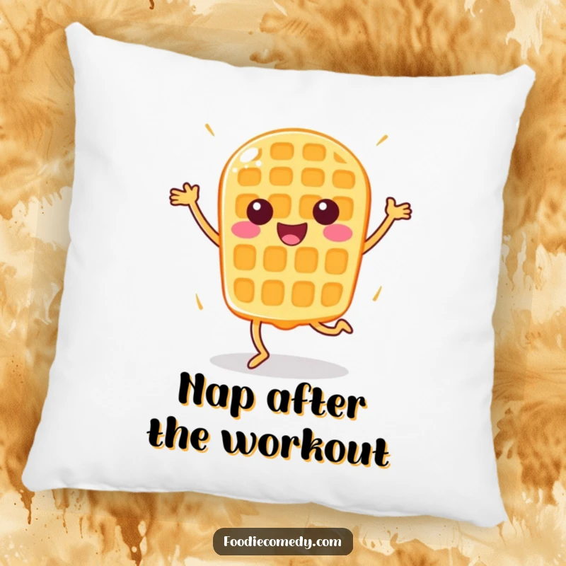 Funny Happy Waffle Pillow: A waffle doing aerobics offers soft, humorous, and cheerful decorative comfort.