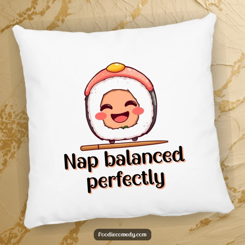 Funny Sushi Pillow: A soft pillow displaying a grinning sushi slice balancing on a chopstick, perfect for adding humor to home decor.