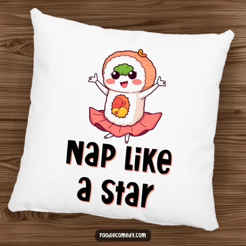 Funny sushi pillow with a sushi roll in a flamboyant flamenco pose, providing comfort and a humorous touch.
