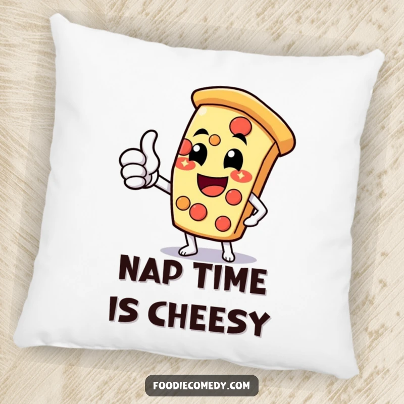 Funny pizza slice pillow with a cheerful cheesy grin and thumbs-up, offering comfort and humor for any space.