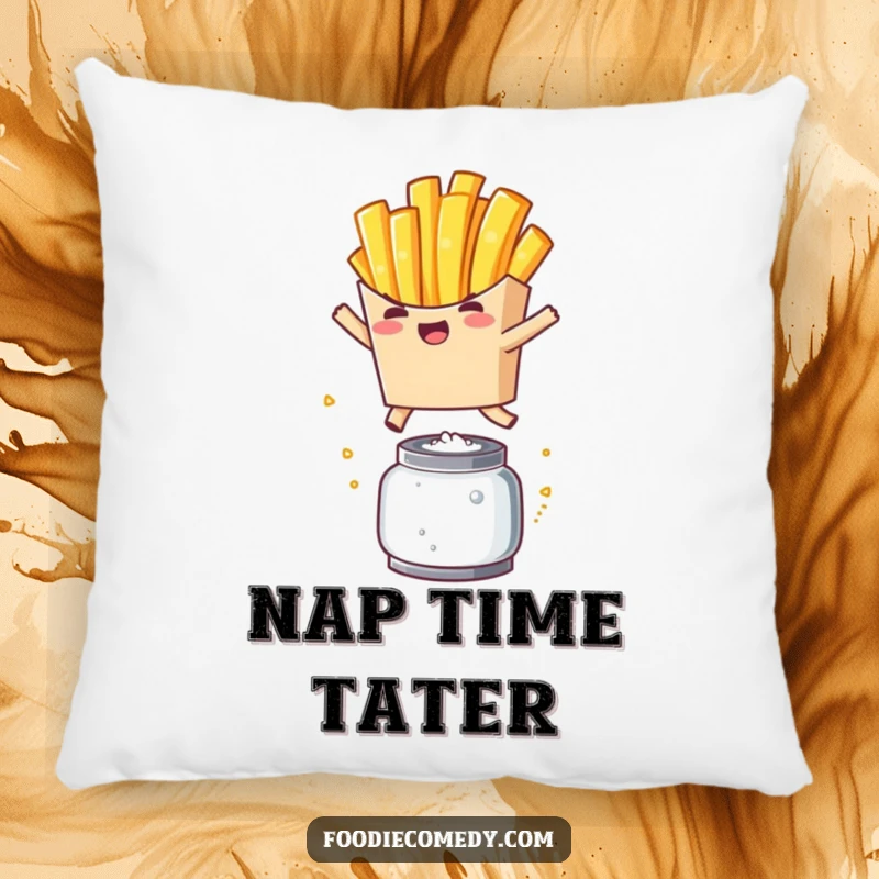 Funny French Fry Leap Pillow: A cute kawaii french fry character energetically jumping over a salt shaker in a cozy pillow design.