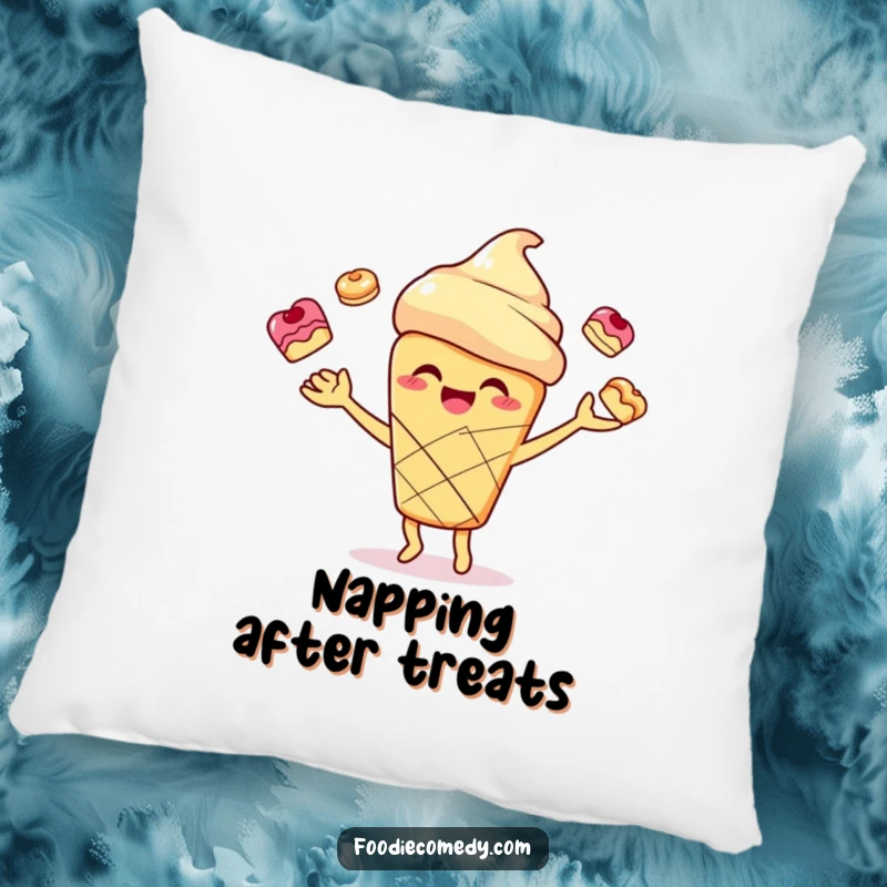 Funny smiling scone character joyfully juggling small pastries on a soft pillow, perfect for adding humorous baking decor.