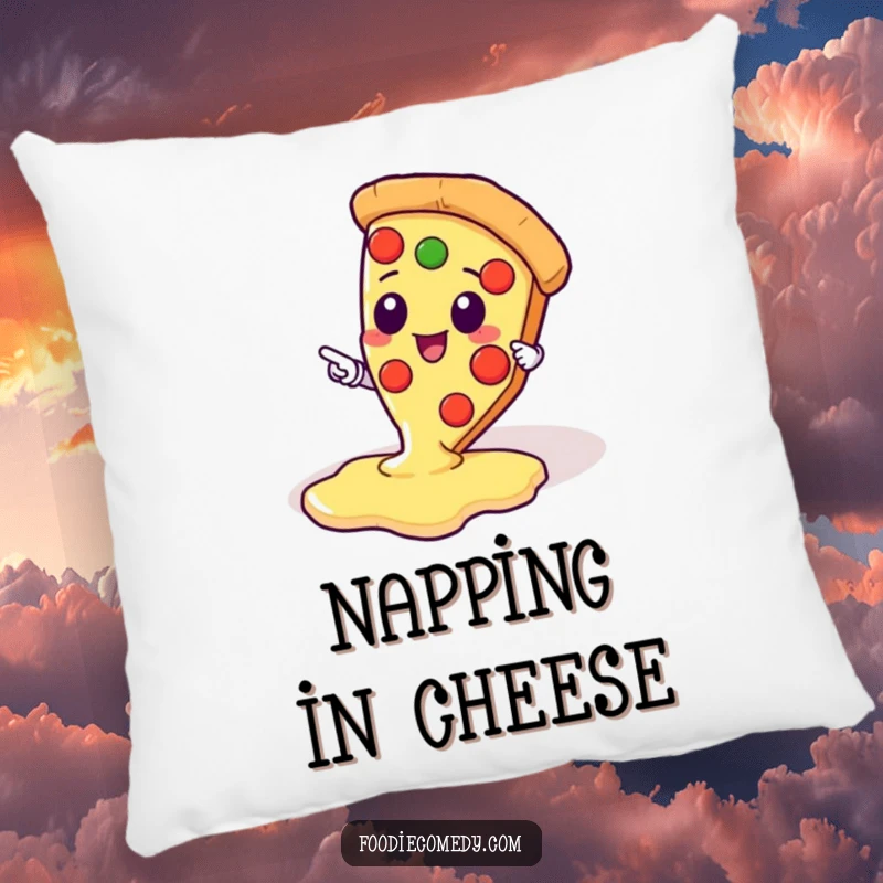 Funny pillow featuring a kawaii pizza slice character pointing at a luscious pool of dripping cheese, perfect for cozying up.