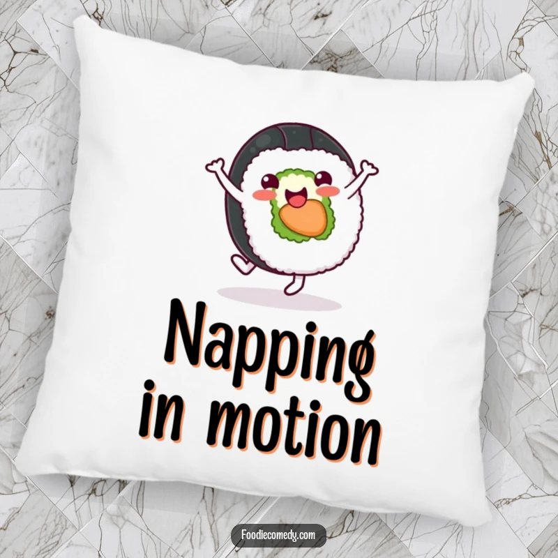 Funny sushi roll pillow with a cheerful character doing a cartwheel, perfect for adding comfort and playful vibes.