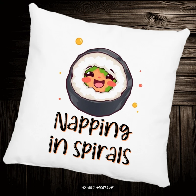 Funny pillow showcasing a sushi roll spinning with joyful abandon, offering comfort and a humorous culinary theme.