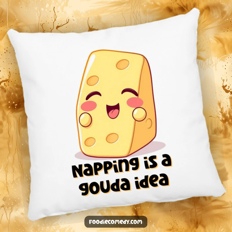 Funny pillow featuring a playful piece of cheese winking with a cracker, offering soft comfort and fun.