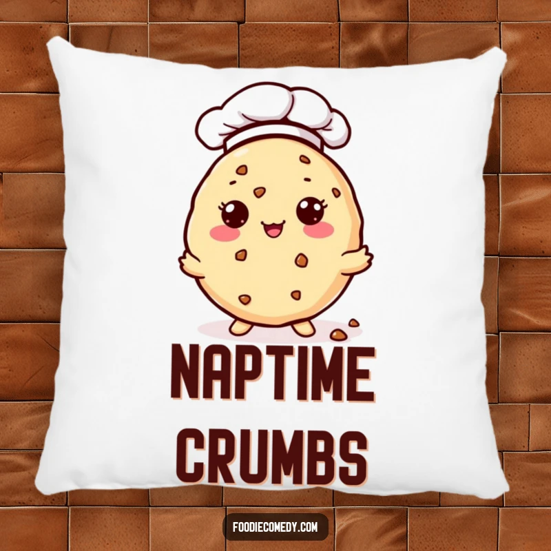 Funny Pillow: A cute kawaii cookie wearing a chef hat generously offers tiny crumbs. A soft and amusing decor item.