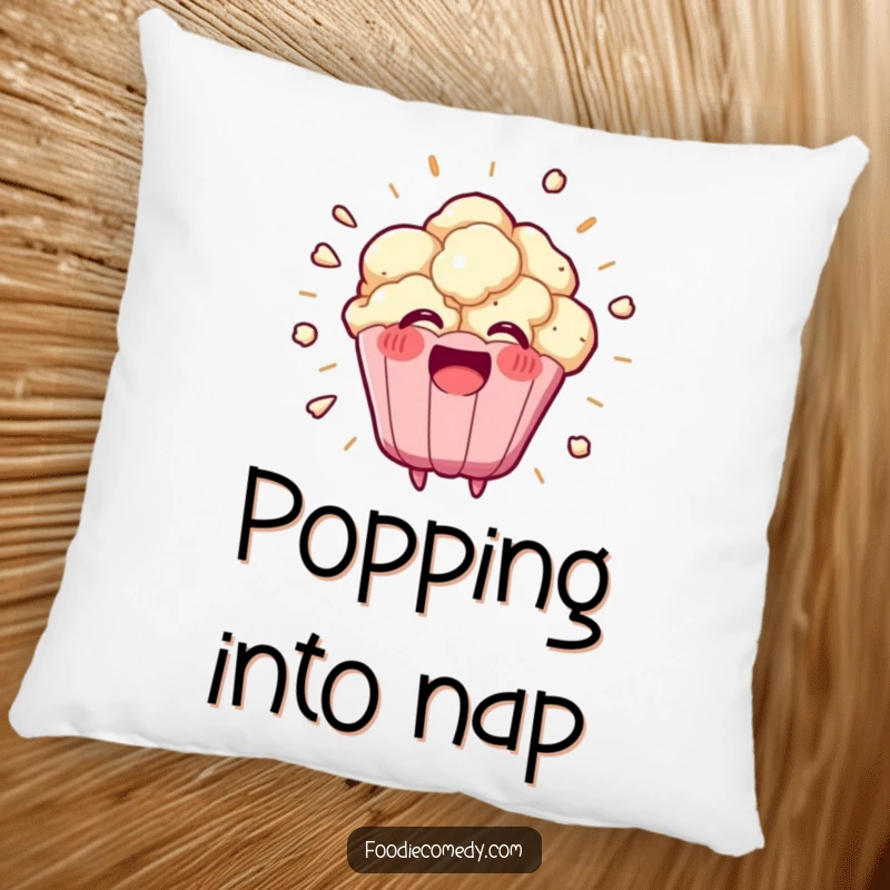 Funny kawaii popcorn kernel exploding into a happy burst on this decorative pillow, a soft and humorous accent.
