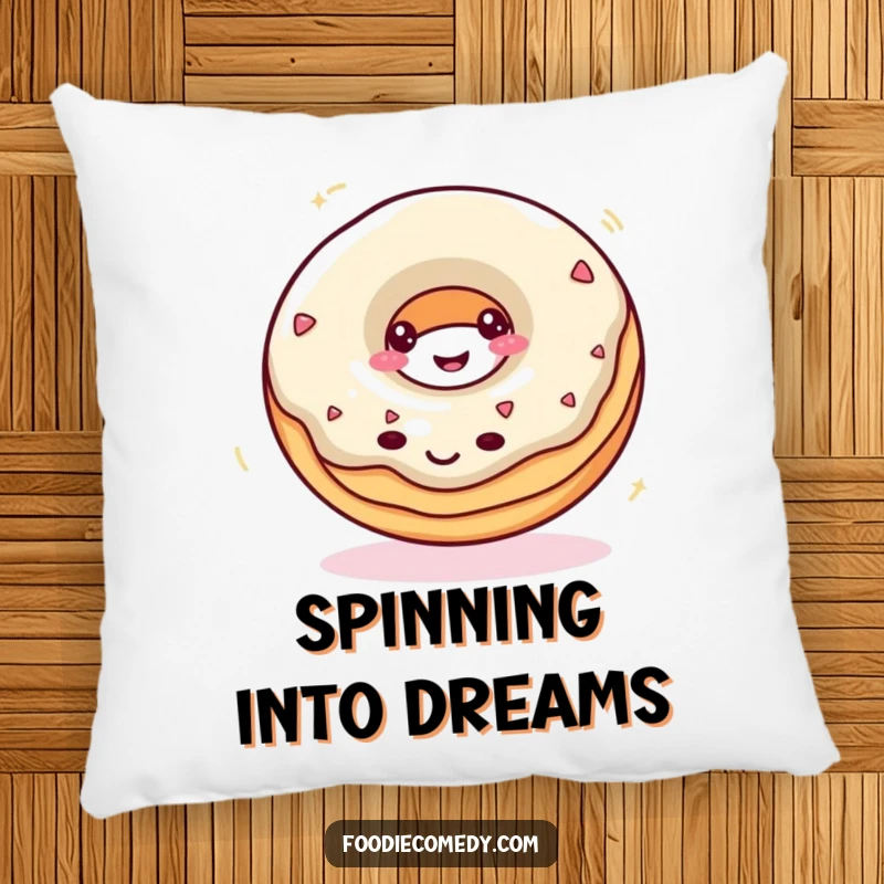 Funny donut pillow with a smiling donut spinning rapidly, providing comfort and a whimsical decorative touch.