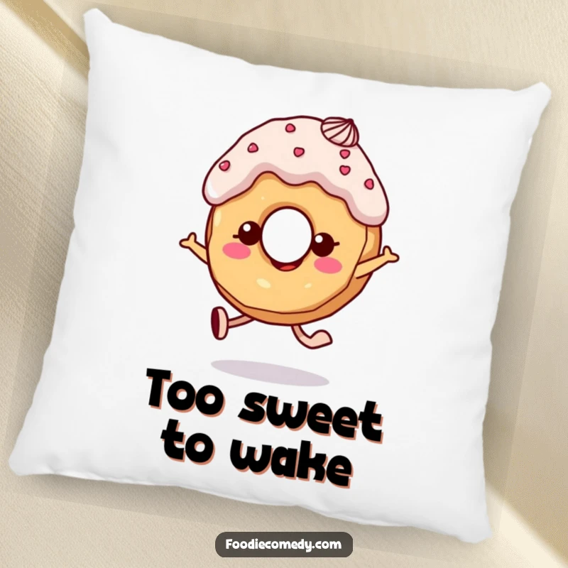 Funny donut pillow featuring a skipping character with frosting hair, offering comfort and cheerful smiles.